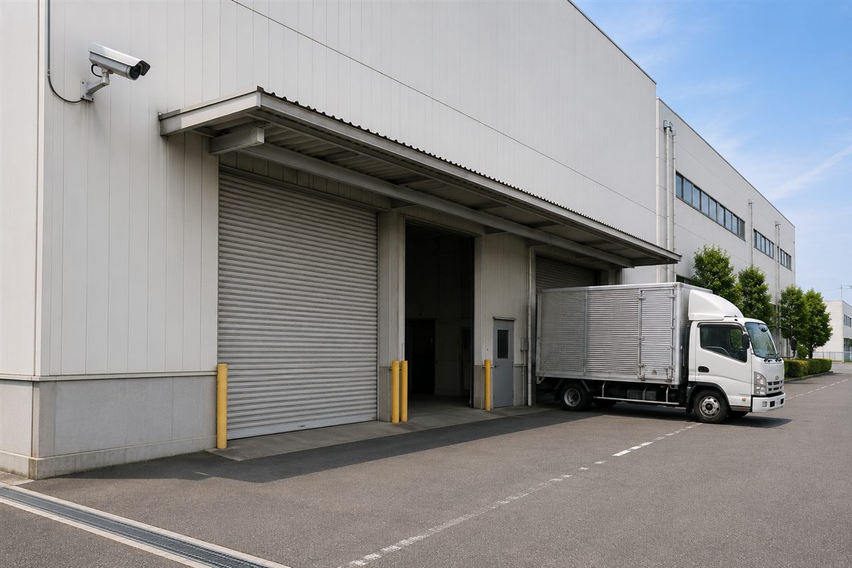工場の搬入口を見守る防犯カメラ