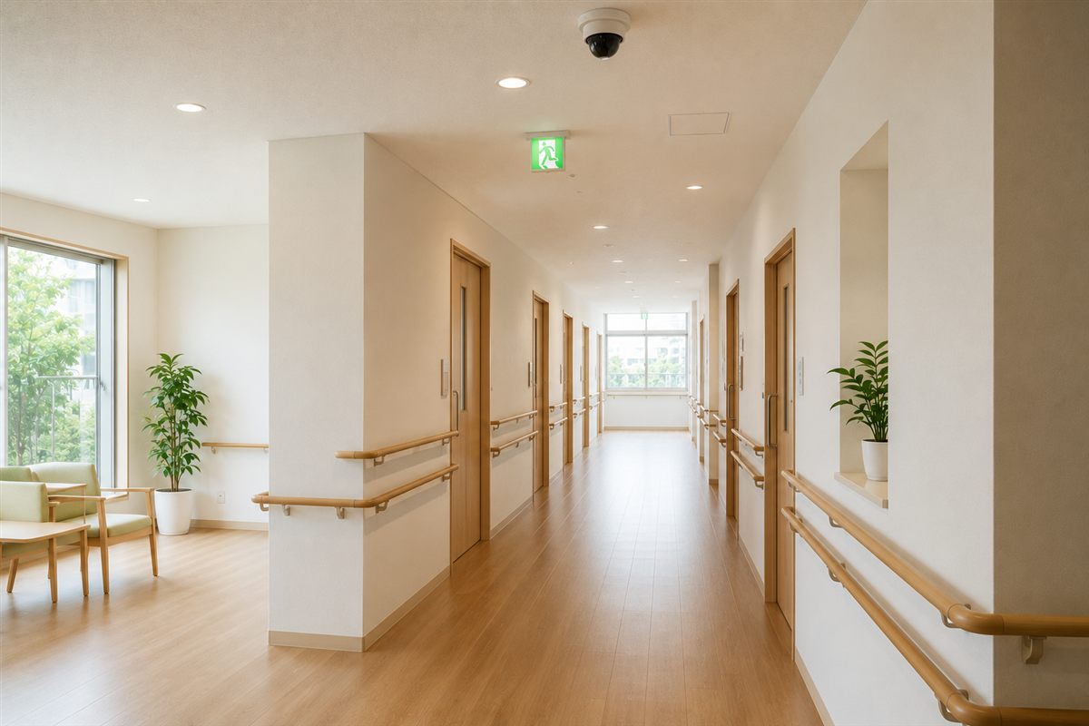 介護施設の廊下を見守る防犯カメラ