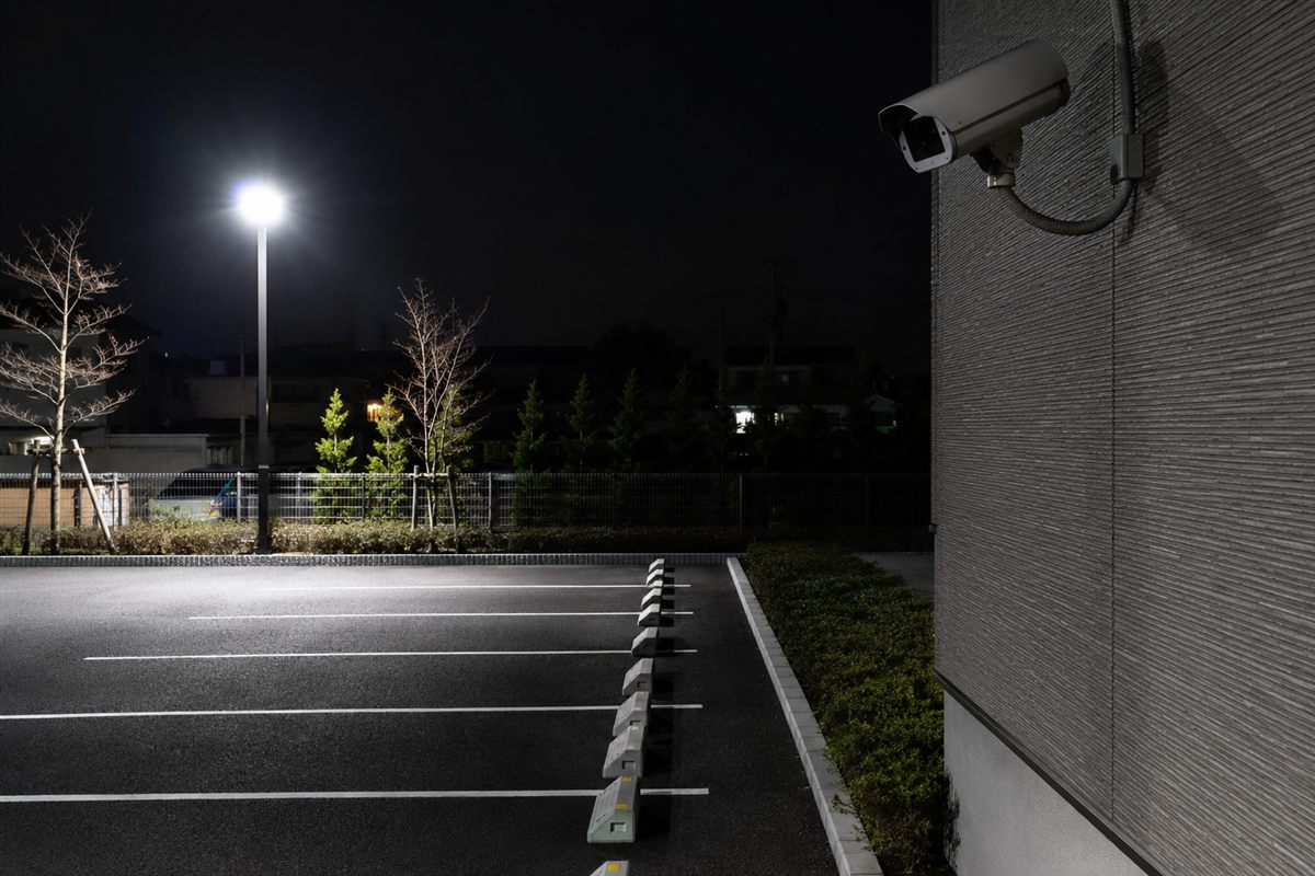 夜間の駐車場を見守る赤外線防犯カメラ